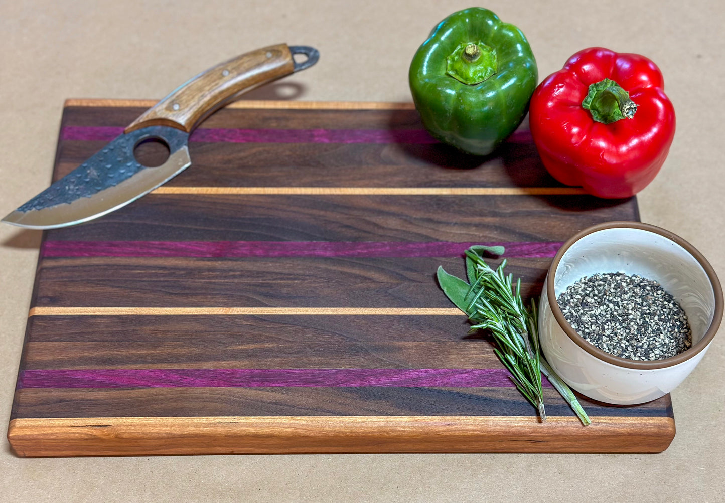 Cutting Board - Walnut with touches of Cherry, Purple Heart & Maple (1 5/16 x 10 x 15 1/4)