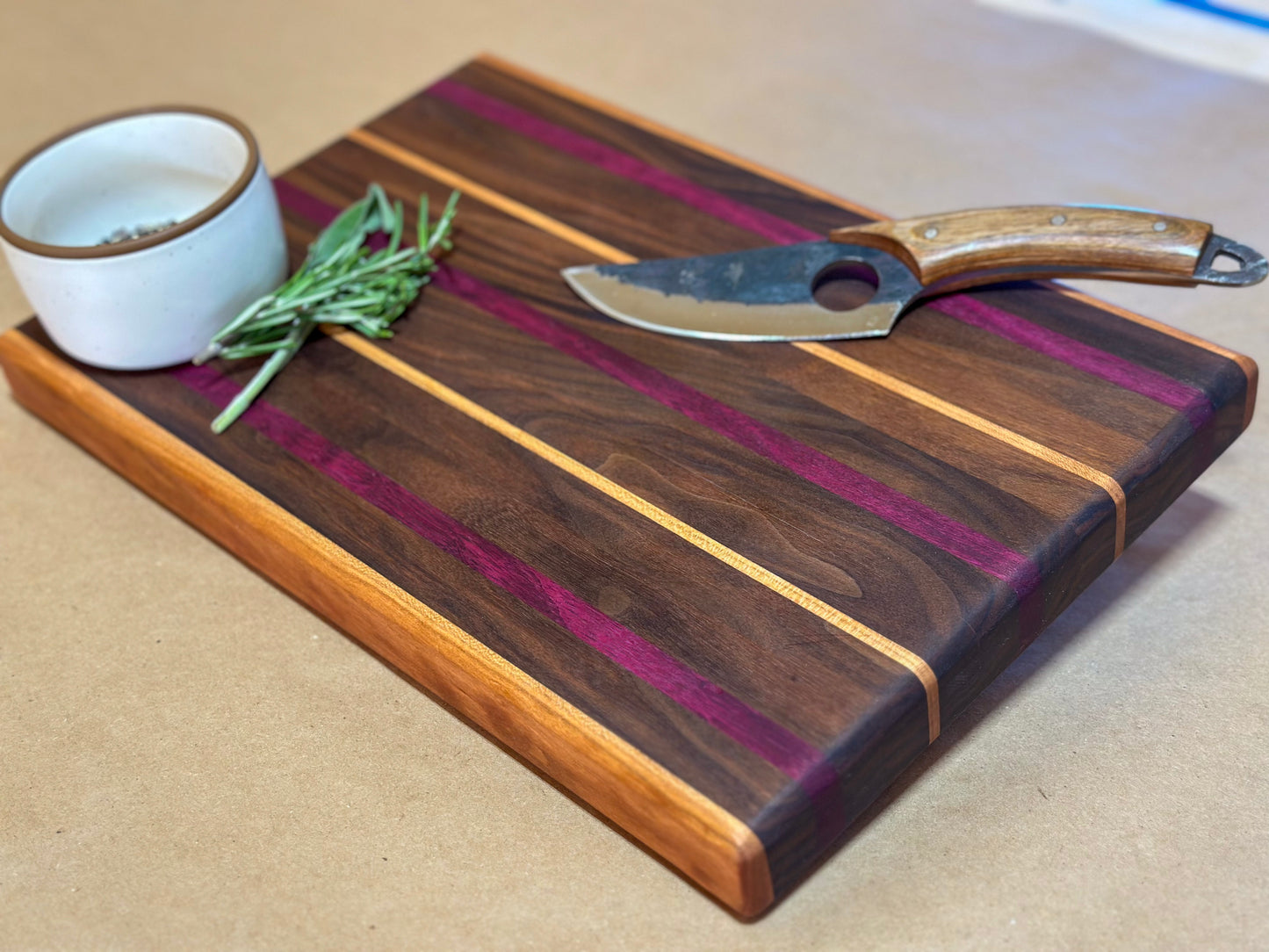 Cutting Board - Walnut with touches of Cherry, Purple Heart & Maple (1 5/16 x 10 x 15 1/4)